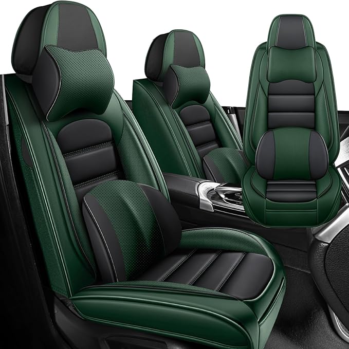 Iceleather Luxury Car Seat Covers for Ford Edge 2007-2025,Waterproof Soft Breathable PU Leather Seat Cover with Storage Pockets(Black&Green,Front Set with Pillow)
