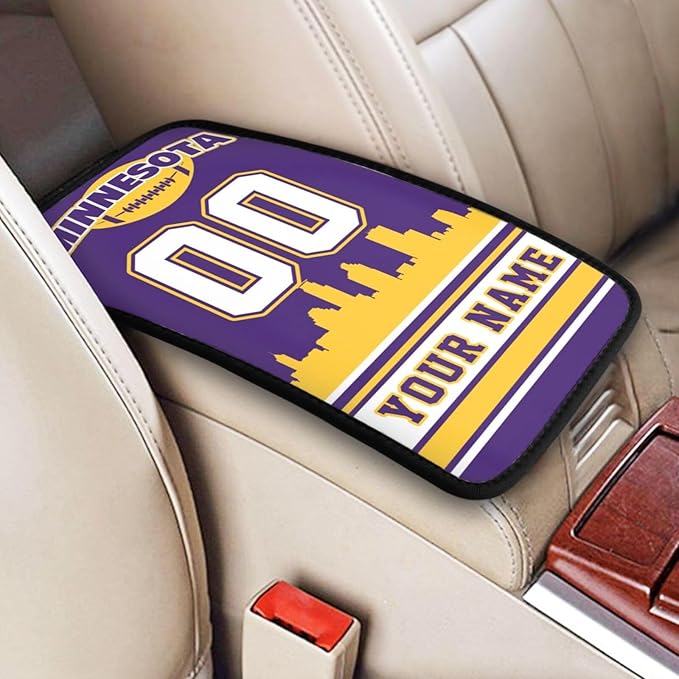 Custom Minnesota Car Armrest Covers Personalized Football Style with Name Number Customized Auto Center Console Pad Car Handrail Box Cushion for Most Vehicle Decor Accessories, Fans Gift