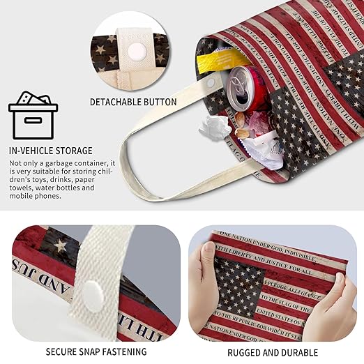 AXZOPDE Cute Car Trash Can, Hanging Canvas Car Back Seat Organizer and Storage Bag, Funny Car Trash Bag For Travelling, Outdoor Cute American Flag Print