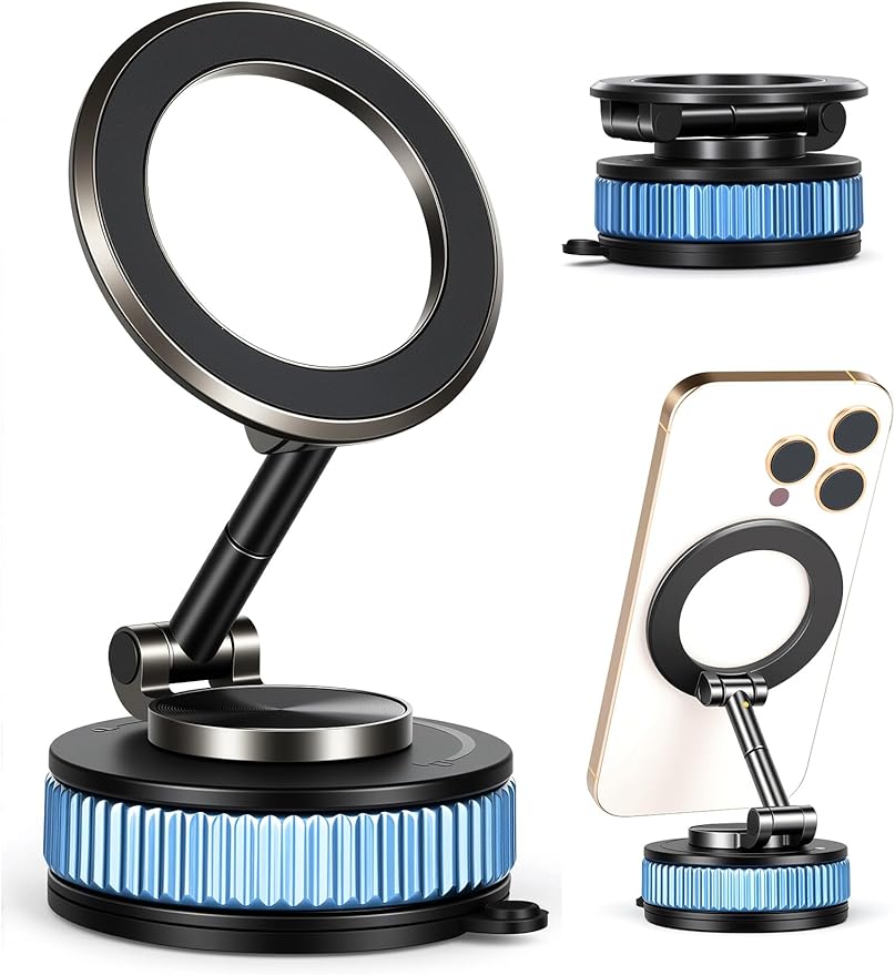 AOLIJIA Magnetic Phone Holder car，Metal Body Durable and Solid,Vacuum Suction Cup Phone Holder, Magsafe Car Mount for iPhone, Folding Holder for iPhone and Android