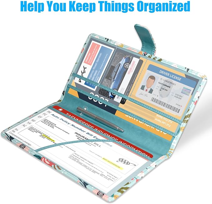 DMLuna Car Registration and Insurance Holder, Leather Vehicle Card Document Glove Box Organizer, Auto Truck Compartment Accessories for Essential Information, Driver License Cards, Hill Flower