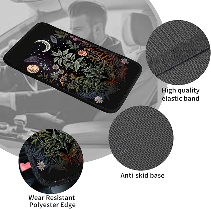 Car Armrest Cover Center Console Covers for Cars, Universal Waterproof Auto Arm Rest Covering Car Middle Console Armrest Seat Box Cover Protector +Car Coaster-Flowers Plants Moon Night