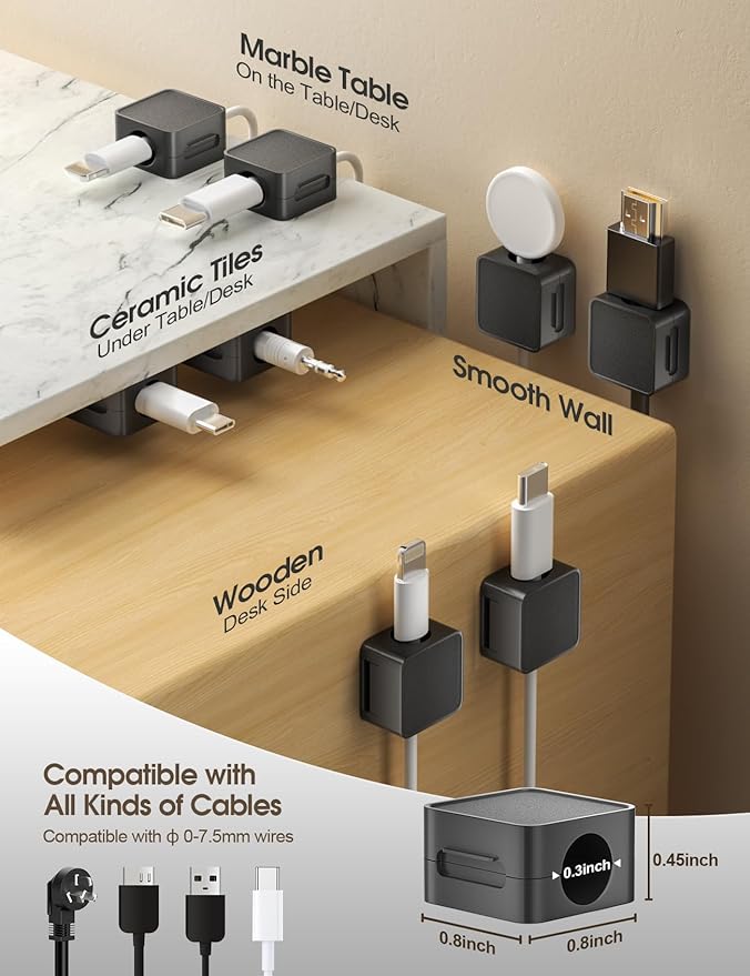 10 Pack Magnetic Cord Organizer Holder, Adjustable Cable Clips, Strong Adhesive Desk Cable Management Clips for Nightstand, Office, Car, Easy Open Design for Tidy Wire Organization