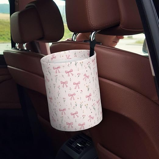 Pink Bow Floral Car Trash Can Leak-Proof Waterproof Hanging Trash Bin Collapsible Garbage Can for Car Accessories Travelling Camping