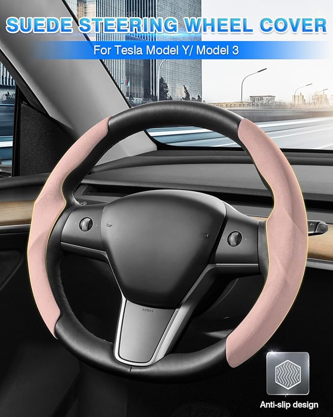 Shademax Custom-Fit for Tesla Steering Wheel Cover, Tesla Model Y / 3 2017-2025 2026 (Fit Model Y Juniper 2026/ Model 3 Highland) Suede Steering Wheel Cover for Tesla Model Y / 3 Accessories (Pink)