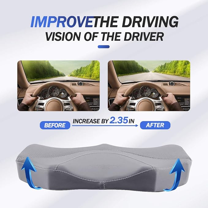 Car Seat Cushion, Comfortable Memory Foam Cushion for Driving, Auto Heightening Wedge Cushion for Sciatica Tailbone Pain Relief (Gray)
