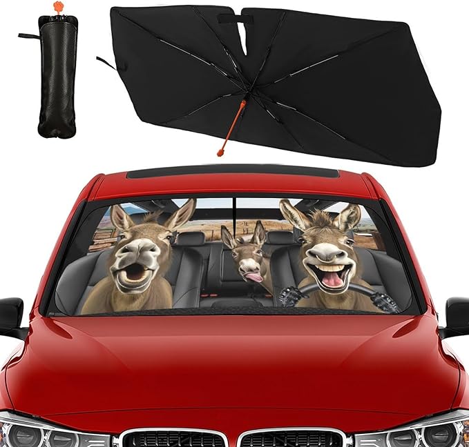 DOPINDU Funny Donkey Car Windshield Sun Shade Umbrella Bendable Handle Foldable Funny Sunshade for Car Windshield Block UV Rays Keep Vehicle Cool for Most Sedans SUV Trucks Cars 57"x30"