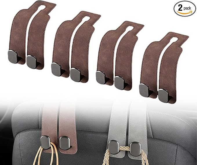 Velocury Car Seat Hooks for Purses and Bags, Foldable Headrest Hooks for Car, Faux Suede Back Seat Organizer for Groceries, Handbags and Accessories (Brown, Pack of 4)