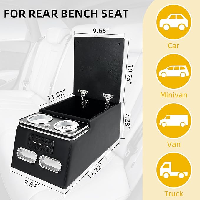 TENGBASE Universal Truck Seat Organizer with Padded Armrest Lid | Features 3 USB Ports, 2 Drawers & Cup Holders | Extra Storage for Car, SUV & Van