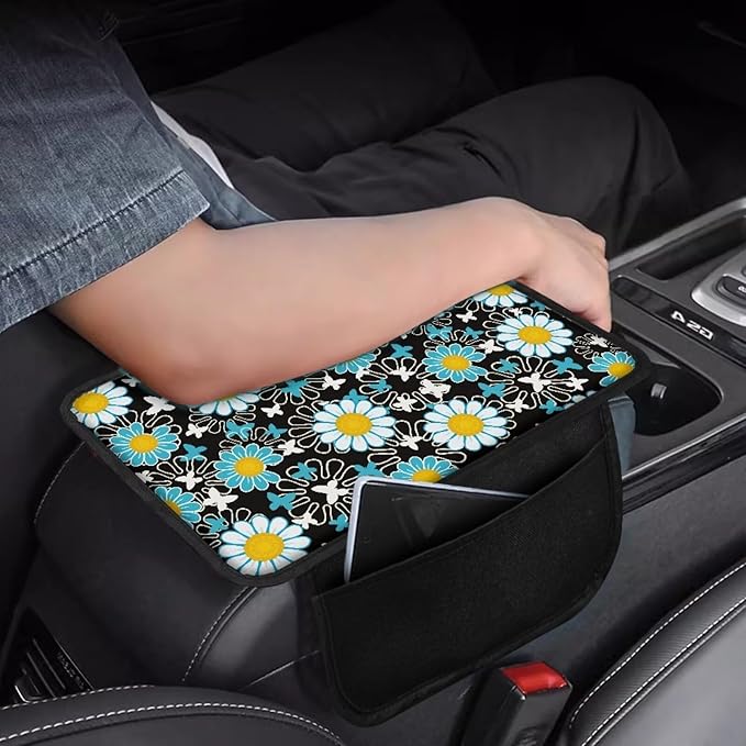 Dreaweet Car Armrest Cover Hippie Flower Car Accessories for Women Interior Universal Arm Rest for Truck SUV Center Console Pad Cover Protector Soft Armrest Seat Box with 2 Storage Pockets