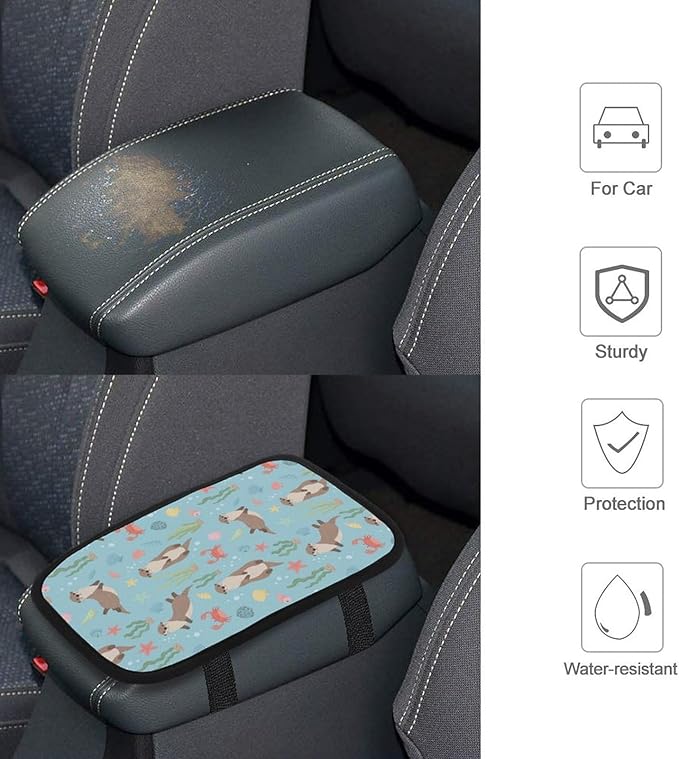 Car Armrest Box Pad Cute Sea Otters, Universal Style Waterproof Center Console Cover, Arm Rest Cushion Pads for SUV, Truck