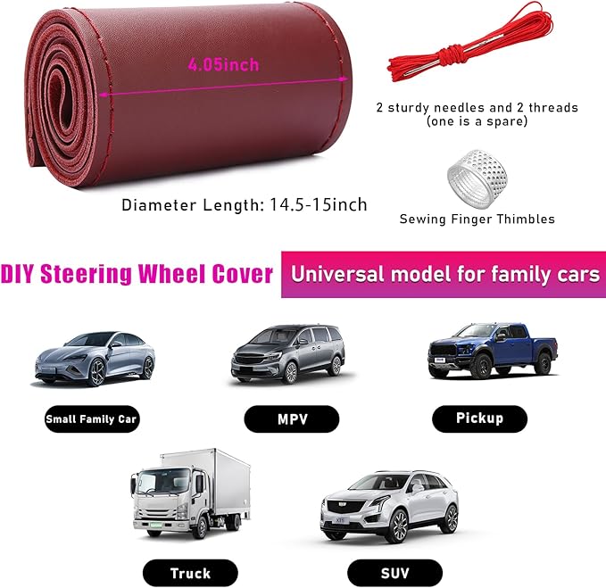 Ziciner Genuine Leather Steering Wheel Cover, Stitch on Wrap, Breathable Anti-Slip Car Steering Wheel Protector for Max Diameter 15 Inch, DIY Sewing with Needles Thread (Wine Red, Glossy)