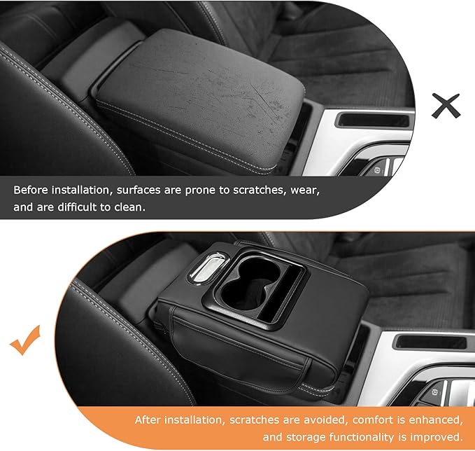 Car Center Console Armrest Pillow, 5-in-1 Armrest Cushion w/ 2 Side Bags, Tissue Box Slot, Cup & Phone Holder, Multifunctional Leather Arm Rest Cover Storage Organizer (Black, Normal)