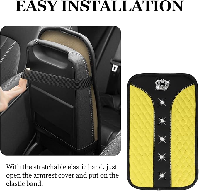 Bling Crown Car Center Console Cover, 12.7"×7.7" Armrest Cover for Cars, Waterproof Leather Arm Rest Box Pad Cushion, Universal Middle Console Cover Protector, Car Accessories (Yellow)