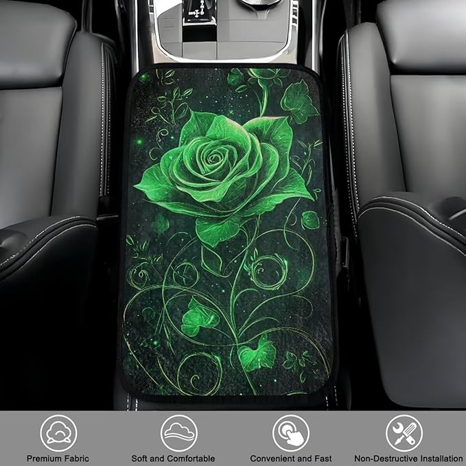 Bulopur Green Rose Car Center Console Cover Thickened Arm Rest Cover Car Flannel Easy to Install Car Interior Automotive Universal Size Fit for Most Cars SUVs Trucks Vans