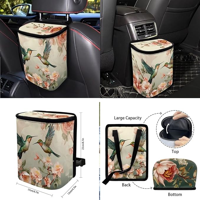 Hummingbird Flower Printed Car Accessories Sets for Women, Universal Front and Rear Split Bench Seat Covers for Cars with Matching Steering Wheel Cover Trash Can Air Vent Storage Bag Coaster