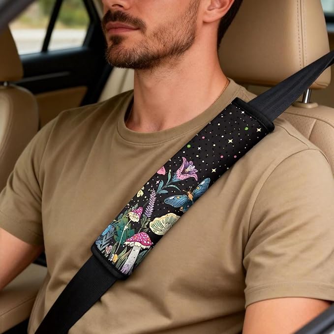 Psesaysky Anti-Scratch Leather Car Interior Set: Mushroom Butterfly Floral 2 Front Seat Covers + 2 Seat Belt Protectors + 1 Armrest Pad Compatible with Most Vehicles