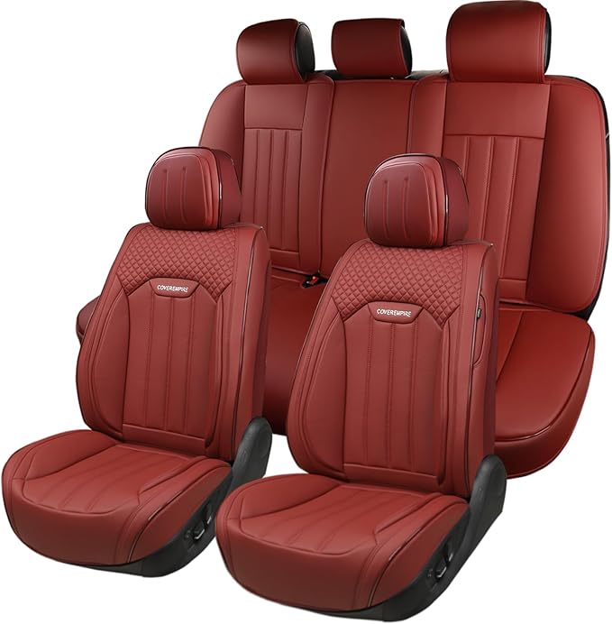 COVER EMPIRE Red Car Seat Covers Full Set, Universal Leather Seat Cover for Cars 5 Seats, Waterproof and Breathable Automotive Seat Cover Front and Rear Seat Covers for Most Trucks, Sedans, SUVs