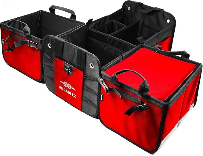 DURABLEZ 5-Section Trunk Organizer with Cooler – Extra Large Modular Car Storage System with Insulated Compartment, Foldable Multi-Module Cargo Organizer for Groceries & Travel – Red