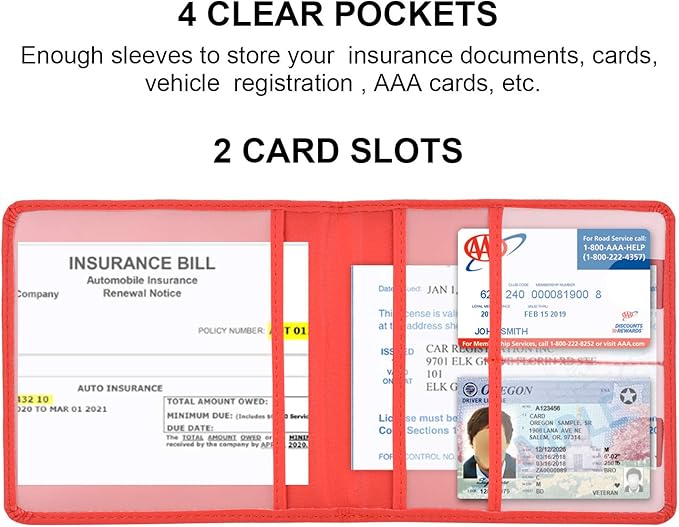 Cacturism Car Registration and Insurance Holder, Vehicle Glove Box Car Organizer Men Women Wallet Accessories Case for Cards, Essential Document, Driver License, Red