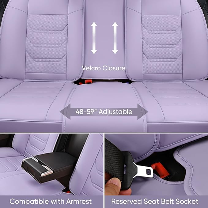 TIEHESYT Leather Car Seat Covers Full Set with Lumbar Support, Waterproof Car Seat Cover, Universal Seat Covers for Cars, Trucks, SUVs, Sedans, Airbag Compatible, Front Pair and Rear, Purple