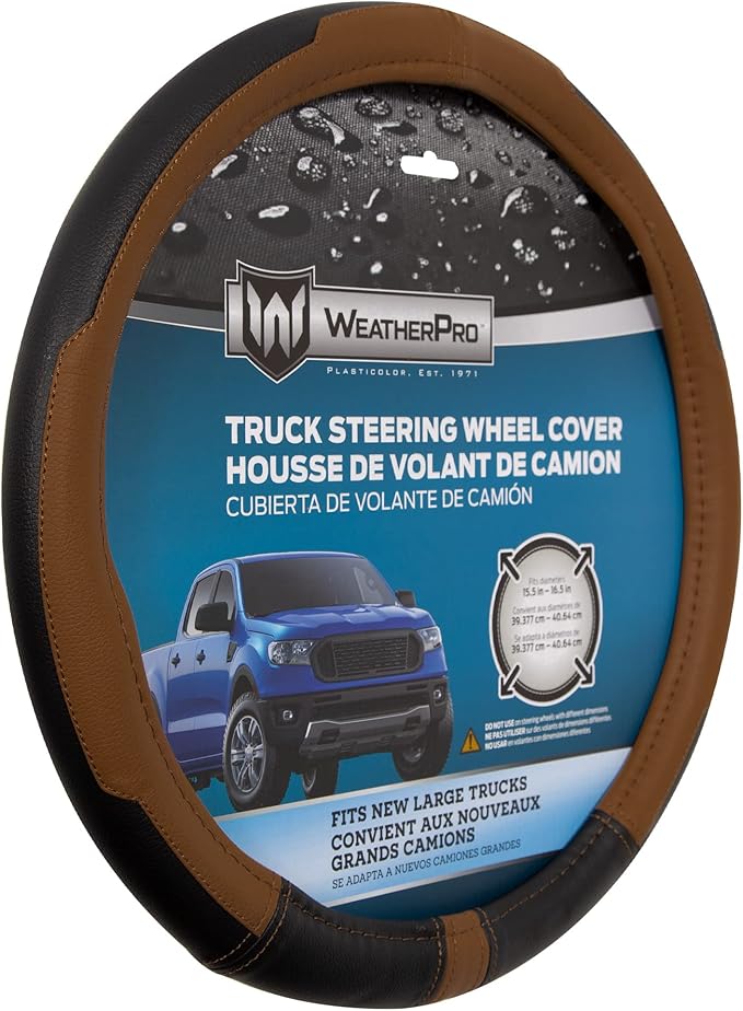 Plasticolor 006747R01 WeatherPro Larger-Sized Truck Black/Brown Steering Wheel Cover