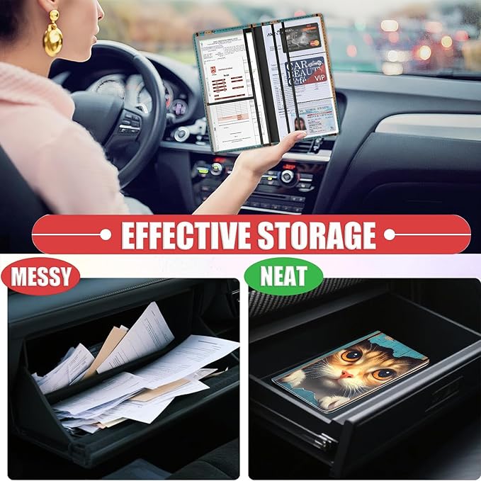 Car Registration and Insurance Card Holder for Women Men, Waterproof PU Leather Glove Box Car Organizer with Magnetic Shut, Vehicle Document Holder for Driver License,Cards, Cute Cat Wooden Board