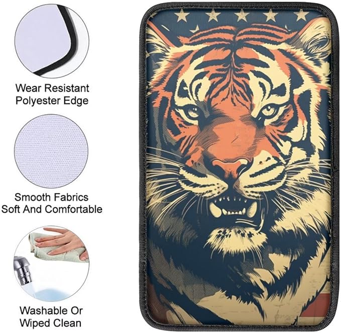 Car Center Console Pad, Universal Waterproof Car Armrest Seat Box Cover, Car Interior Accessories for Most Vehicle SUV Truck Vintage American Flag Tiger Car Armrest Pad
