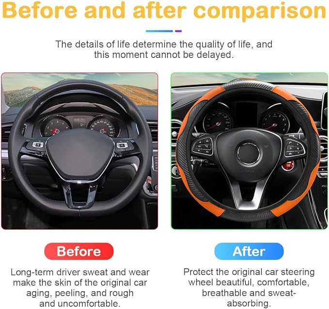 Car Steering Wheel Cover, 15 inch Carbon Fiber Microfiber PU Leather Elastic Steering Wheel Protector for Men Women, Anti-Slip Breathable Car Interior Accessories for Most Cars (Black/Orange)
