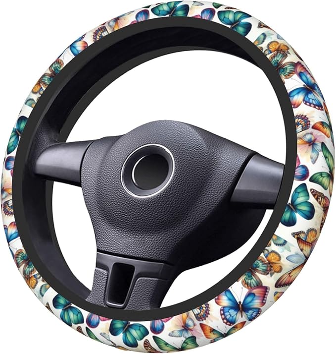 Colorful Butterfly Neoprene Steering Wheel Cover for Men Women Anti-Slip Elastic Steering Wheel Protective Cover 15in Universal Car Accessories Fit Cars, SUVs, Auto