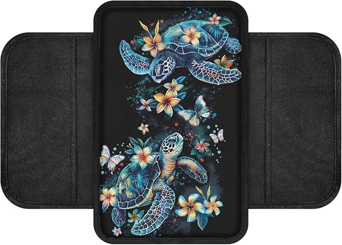 Dreaweet Sea Turtle Car Accessories Center Console Cover Black Car Arm Rest Cover,Car Armrest Box Pad with Pockets,Soft Comfy Arm Rest Cushion Pads for SUV Truck Sedan Vehicle