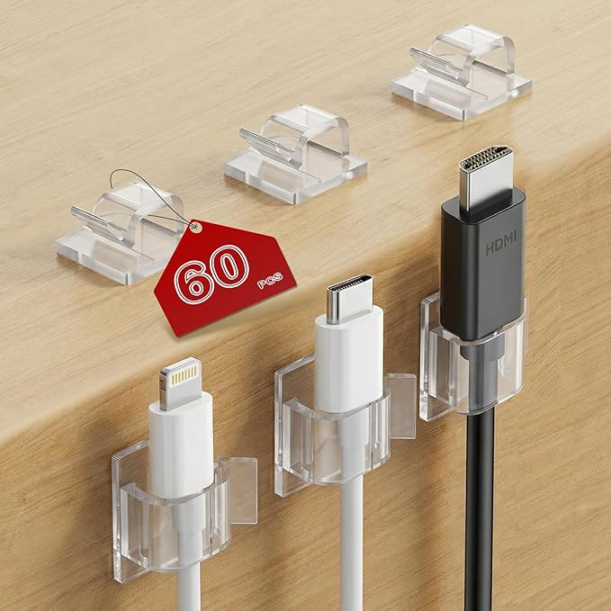 60PCS Adhesive Cable Clips, Heavy-Duty Cord Clips for Cable Management, Outdoor Christmas Light Clips Hooks, Traceless Clear Wire Holders Cord Organizer for Wall, Desk, LED, Car(Small)