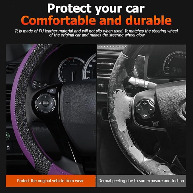 Car Steering Wheel Cover, 14.97 Inch Leather Non-Slip Vehicle Steer Wheel Protector, Soft & Breathable Automotive Interior Protection Accessories, Universal for SUV Sedan Truck (Black/Purple)