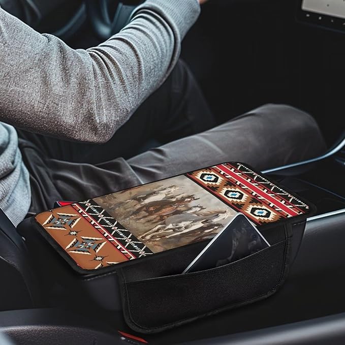 Dreaweet Aztec Ethnic Tribal Horse Pattern Car Center Console Cover with Pockets Soft Comfy Car Arm Rest Cover Pad Universal Non-Slip Armrest Cover for Car Truck Van
