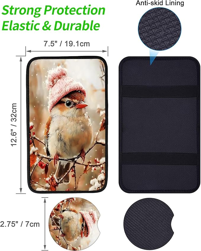 JANENFNA Car Armrest Cover Pads Universal Fashion Cute Auto Center Console Armrest Cover Pad with 2PCS Car Coasters Soft Waterproof Car Armrest Seat Protector for Women,Bird in Pink Hat