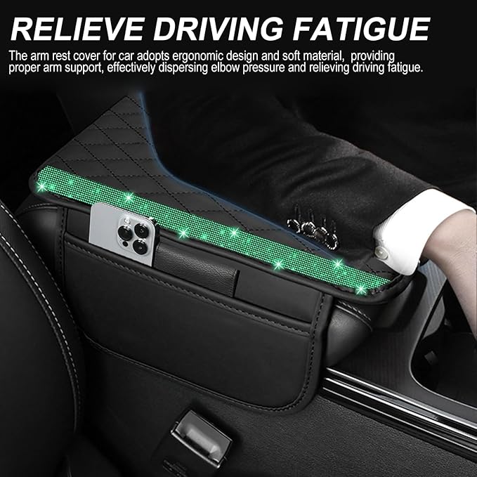 Bling Car Center Console Cover, Leather Car Arm Rest Cover Cushion with 2 Storage Bags, Universal Auto Armrest Protector Storage Box, Bling Accessories Interior for Most Vehicles (Green Diamond)