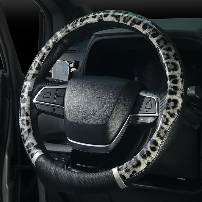 KAFEEK Leopard Print Steering Wheel Cover 15 inch, Microfiber Leather Cheetah Pattern for Women Girls, Non-Slip Rubber Inner, All-Season Comfort, Black