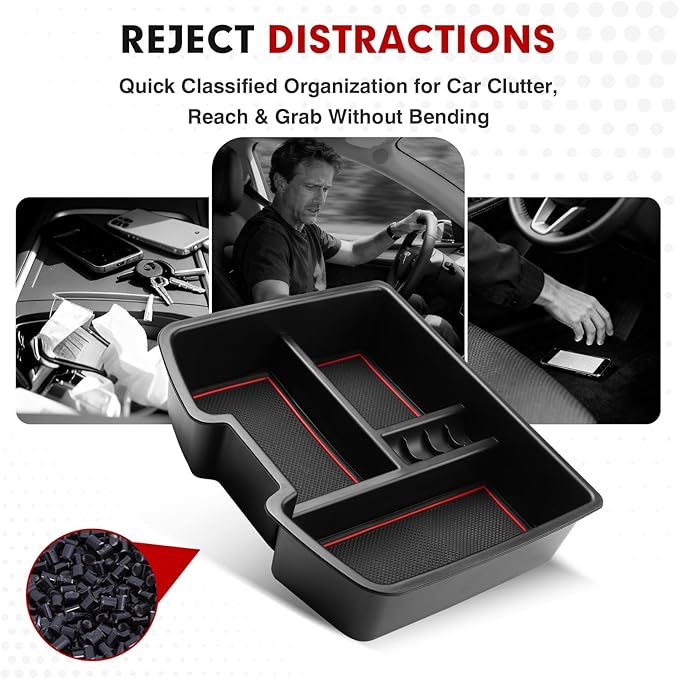 Autorder Center Console Organizer for 2007-2014 Chevy Silverado Tahoe Suburban Avalanche/GMC Sierra Yukon Accessories - Floor Mounted Center Console Only - Black & Red Slip Mats