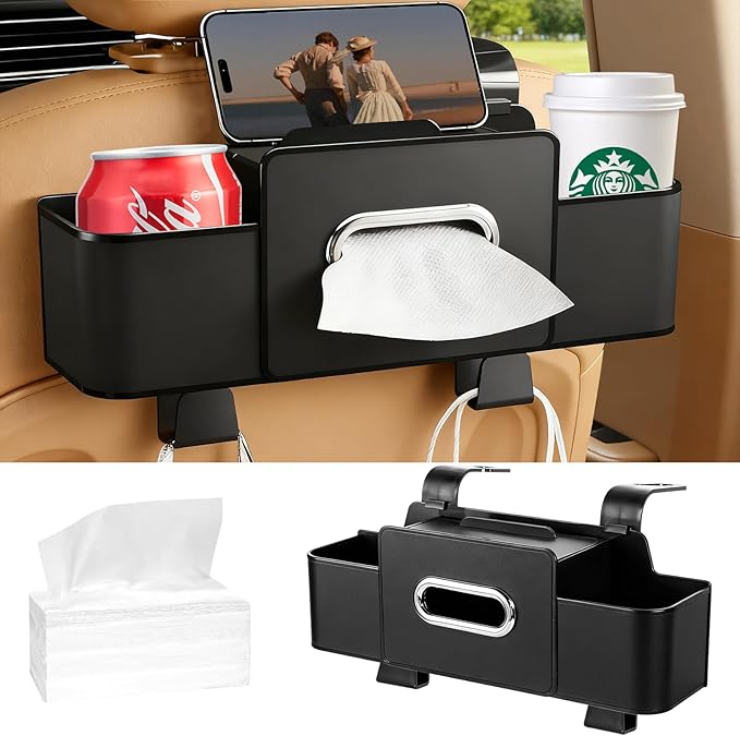 SADIFOKPLY 4-in-1 Back Seat Car Organizer, Upgraded Multifunctional Car Storage Box, Hanging Back Seat Storage Organizer, Partition Design, with Phone Holder, Tissue Box, 2 Cup Holders, 2 Hooks