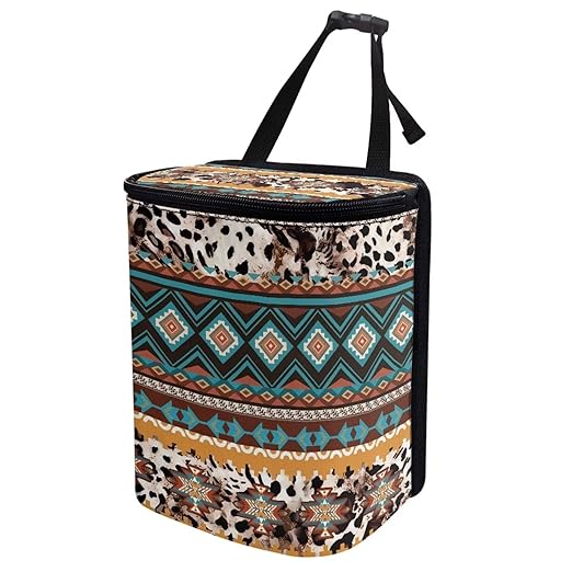 Southwestern Tribal Aztec Cowhide Hanging Trash Can for Car,Leak Proof Multipurpose Trash Bin Can with Lid,Universal Fit Most Vehicle