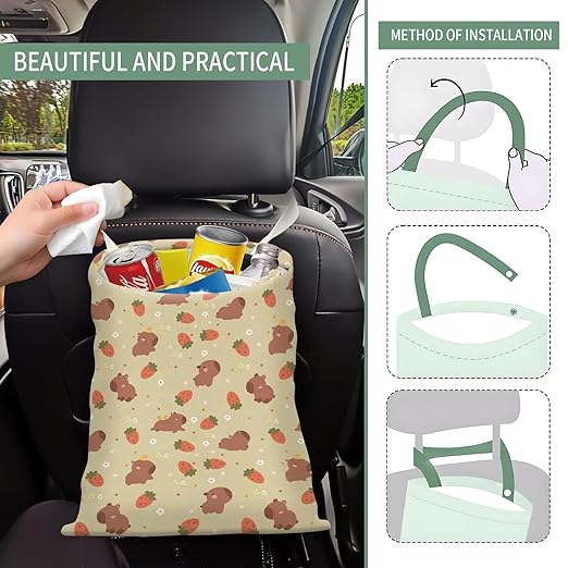 AXZOPDE Cute Car Trash Can, Hanging Canvas Car Back Seat Organizer and Storage Bag, Funny Car Trash Bag For Travelling, Outdoor Cute Bear Strawberry
