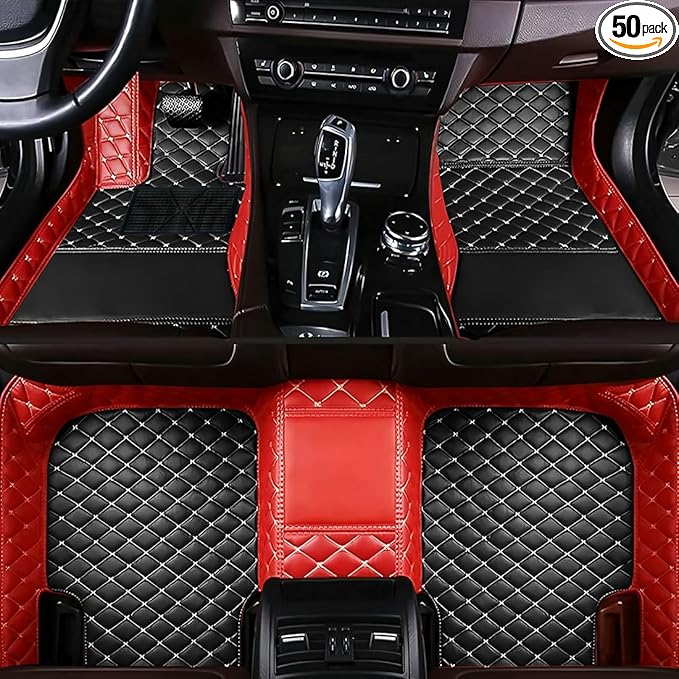 Custom Personalized Floor Mats for Cars，Luxury Full Coverage All Car Floor Mats，Anti-Slip Leather Car Mat Set ，Custom Floor Mats for 99% of Cars, Trucks & SUVs. (Red and Black)
