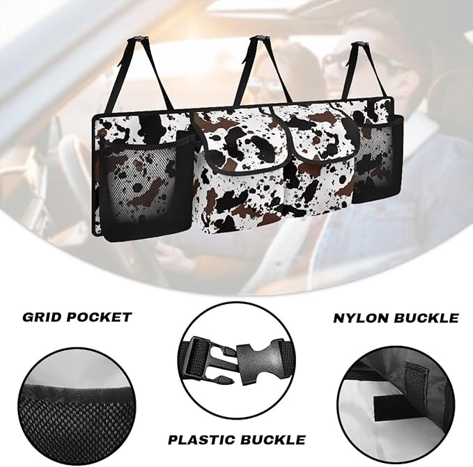 Cow Print Car Organizers and Storage Trunk Backseat Hanging Cargo Storage Bag with 2 Large Net Pockets 2 Magnetic Cover Foldable Capacity Car SUV Organizer