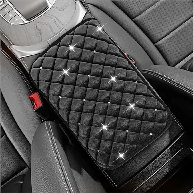 Bling Car Center Console Cover, Soft Comfortable Fluffy Car Armrest Cover, Crystal Rhinestone Seat Box Cushion Protector, Automotive Interior Decoration Accessories for Most Vehicles (Black)