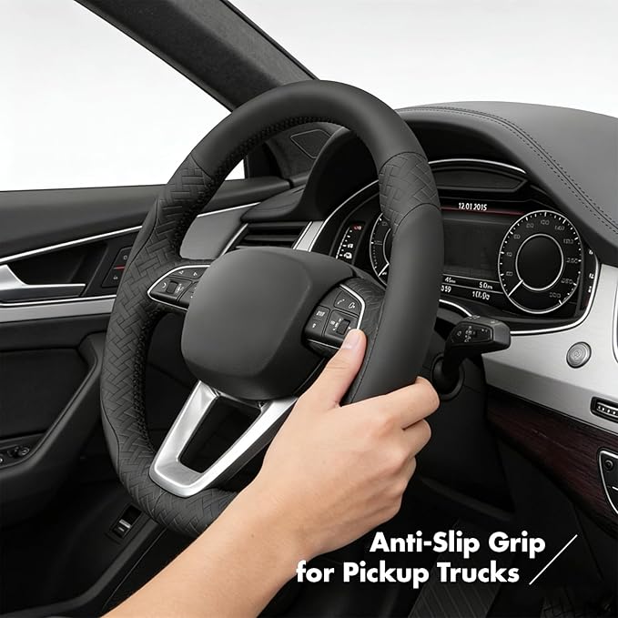 MEWANT Hand Stitch Steering Wheel Cover for Audi A3 S3 2022 A4 Allroad 2017-2021 A4 A5 RS5 S4 S5 2021-2022 Q3 Q8 2019-2022 Q5 SQ5 2018-2022 Q7 2017-2022 Black Embossed Faux Leather Interior Accessory