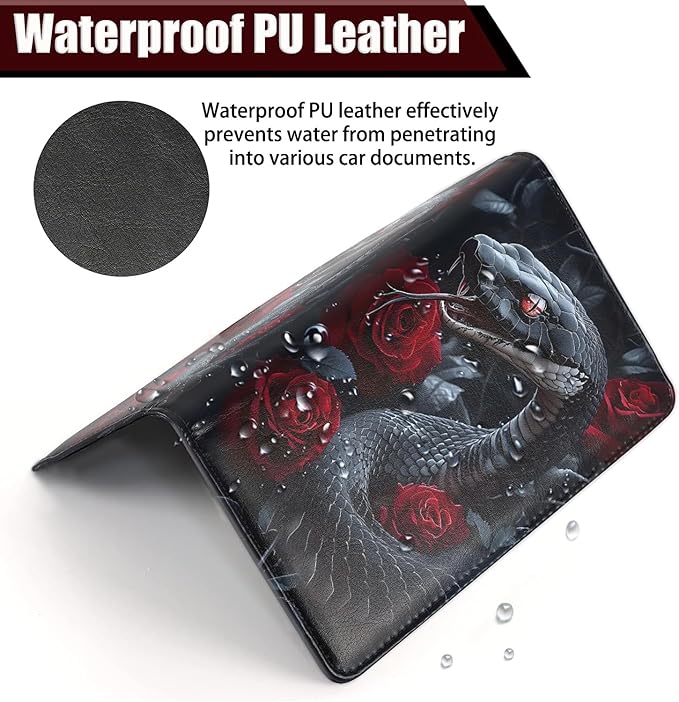 Car Document Holder with Magnetic Shut, Car Registration and Insurance Card Holder, Vehicle Glove Box Organizer Documents, Driver License, Auto Paperwork Organizer Wallet, Black Snake In The Red Rose