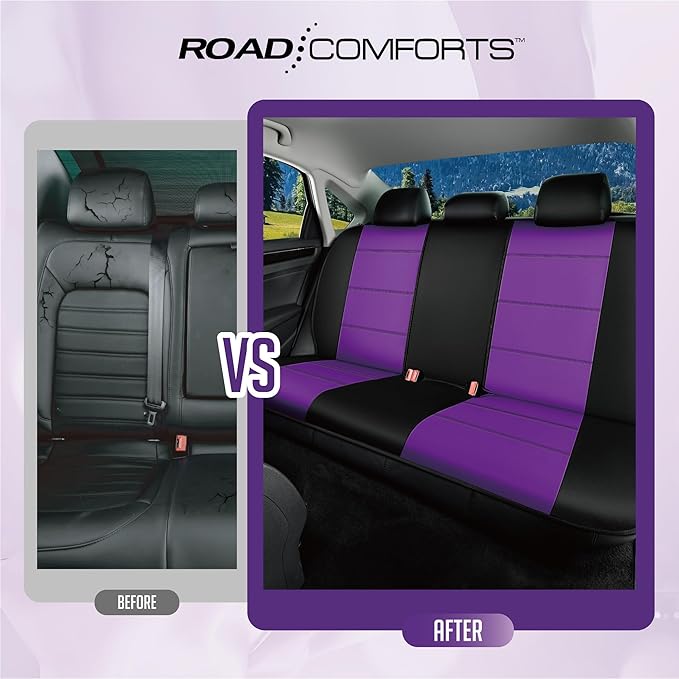 Road Comforts Car Seat Cover, Leather Car Seat Cover Full Set, Automotive Seat Covers, Airbag Compatible Universal Fit for Most Cars (Purple)
