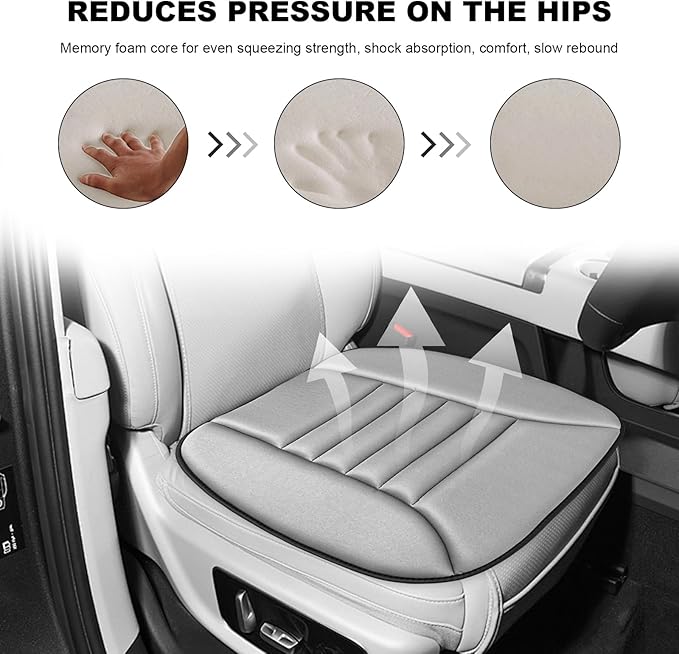 Car Seat Cushion, 1.2" Thick Comfort Memory Foam Auto Seat Pad with Non Slip Bottom, Breathable Driver Seats Pillow Pressure Relief Chair Cushion for Vehicle Office Home (Gray)