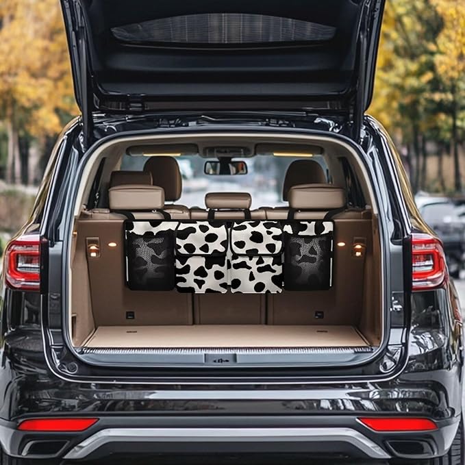 SEANATIVE Cow Print Car Trunk Organizer, Auto Waterproof Sturdy Backseat Hanging Large Storage Collapsible Cargo Bag with Anti-Slip Adjustable Strip, Vehicle Interior Accessories for Woman