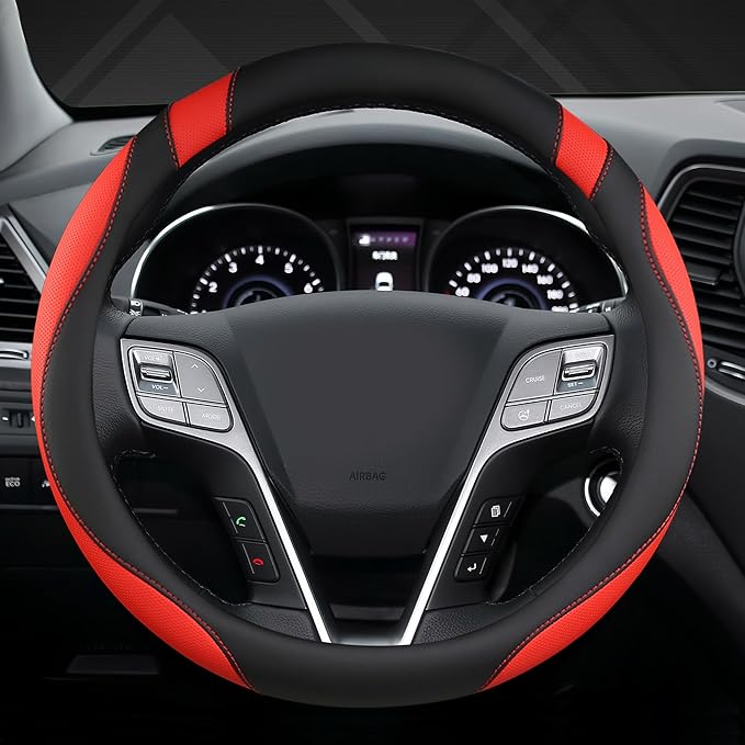 West Llama Customized Auto Car Steering Wheel Cover for Hyundai,Tucson,Sonata,Elantra,Santa Fe,Genesis,Sonata Hybrid,Azera,Venue,Kona, 14.5-15 inches(Black+Red - Standard Size)